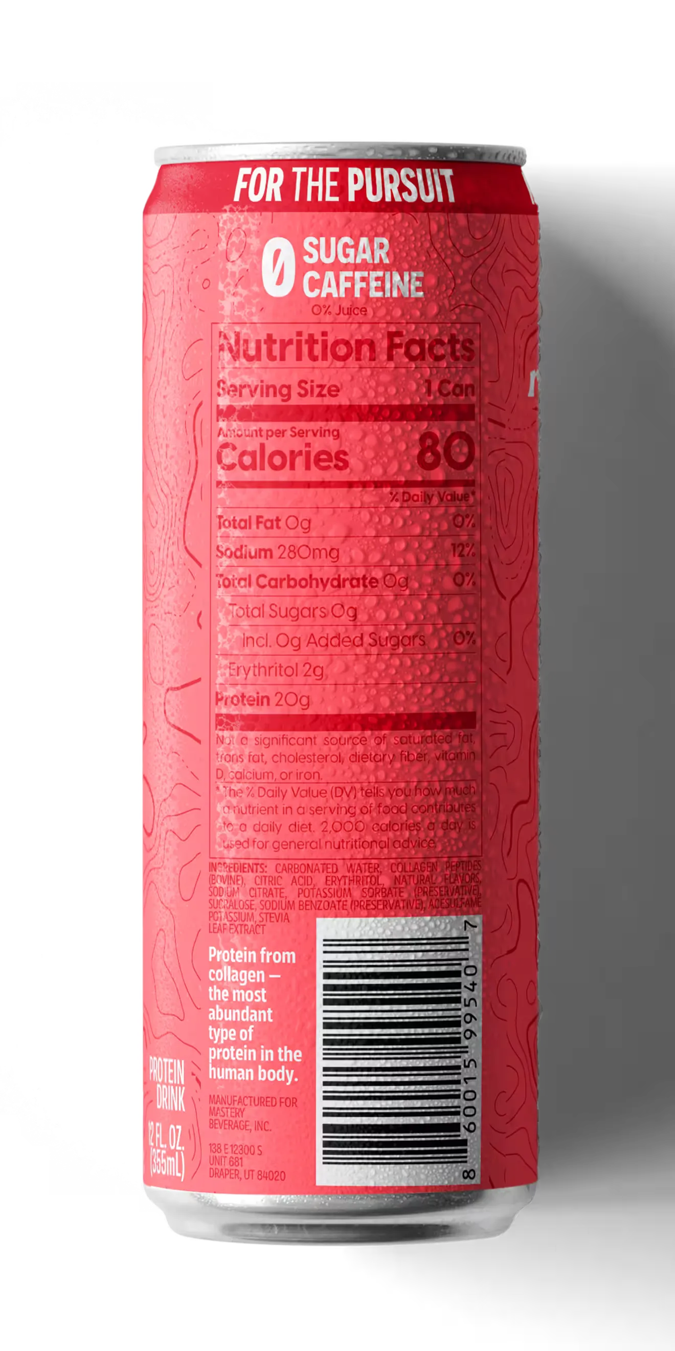 MASTERY Strawberry flavored carbonated protein drink can showing zero sugar caffeine and allergens